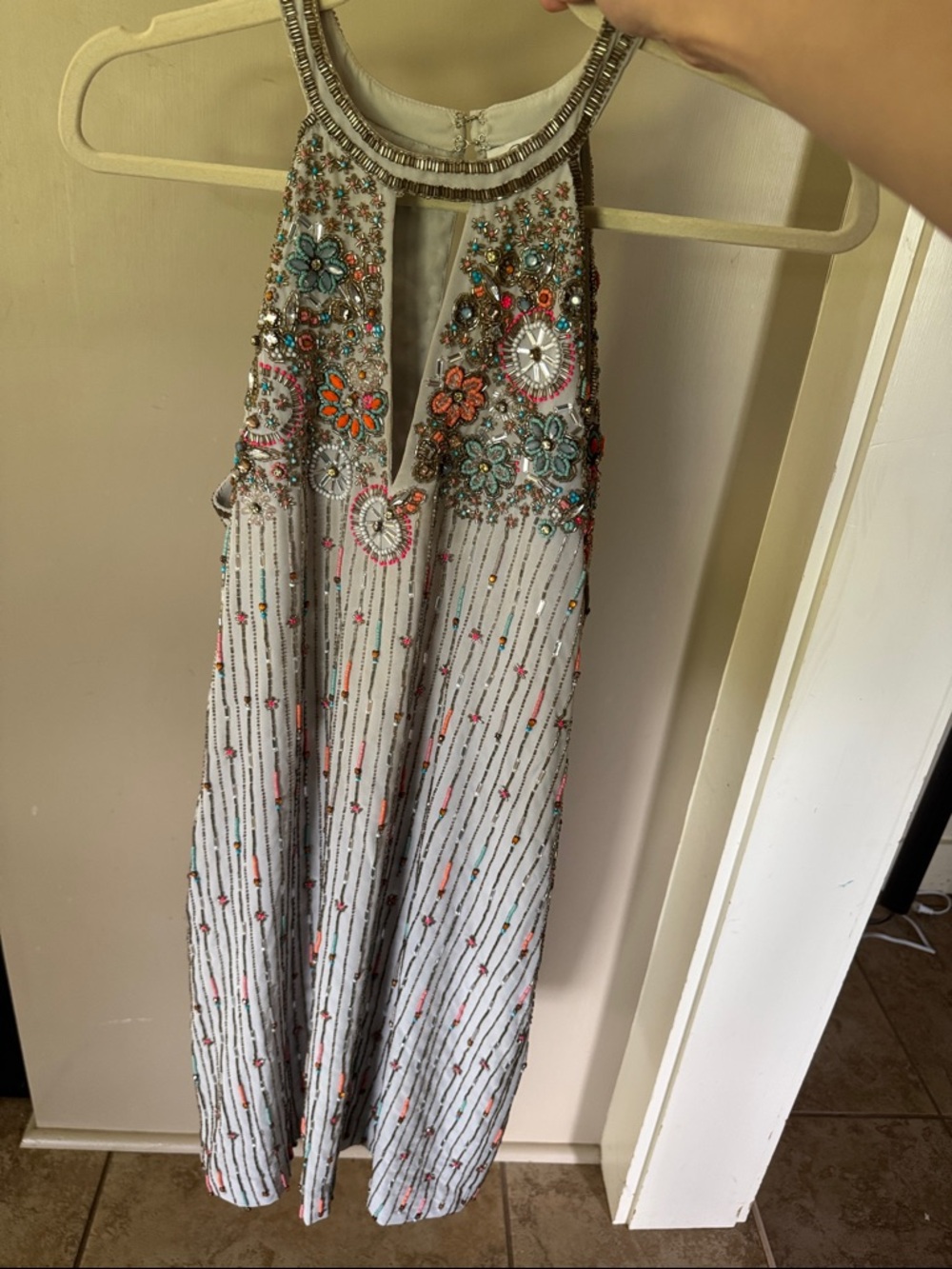 Parker White Mini Dress with Multicolor Beaded Floral Embellishments